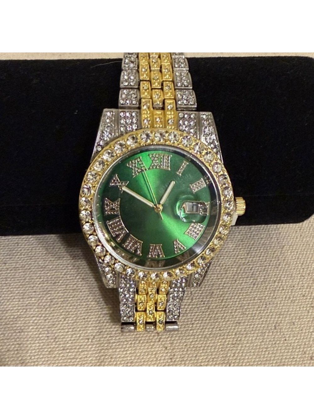 Men's Stainless Steel Green Dial Watch | Unisex Watch with Gold & Silver Accents